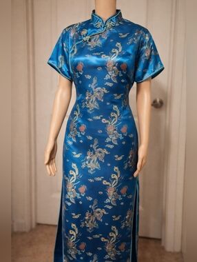 NWOT Blue Satin Dragon Qipao Dress L | Chinese Cheongsam Maxi Dress Slit Formal